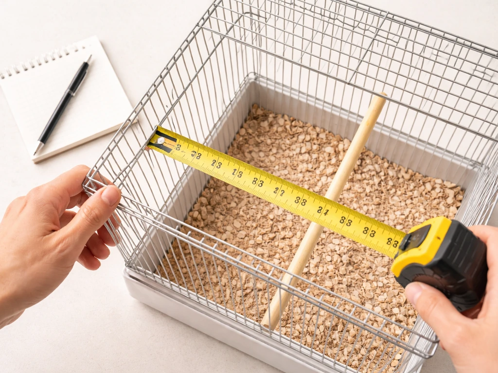 Overhead view of a tape measure measuring a bird cage interior bar spacing on a tabletop