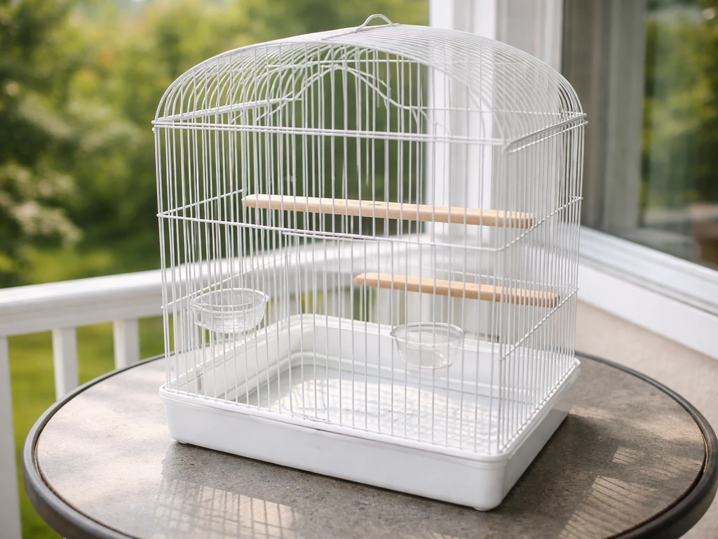 Freshly painted bird cage with clean metal bars in bright natural light