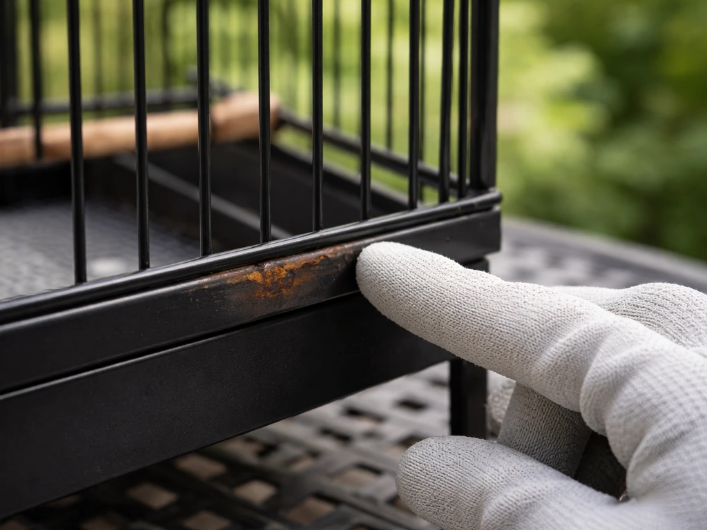Close-up of a bird cage with minor surface rust while a gloved hand inspects the stable metal finish.