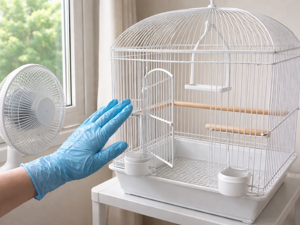 Painted bird cage on a stand with open door and a gentle fan for ventilation, gloved finger checking dryness