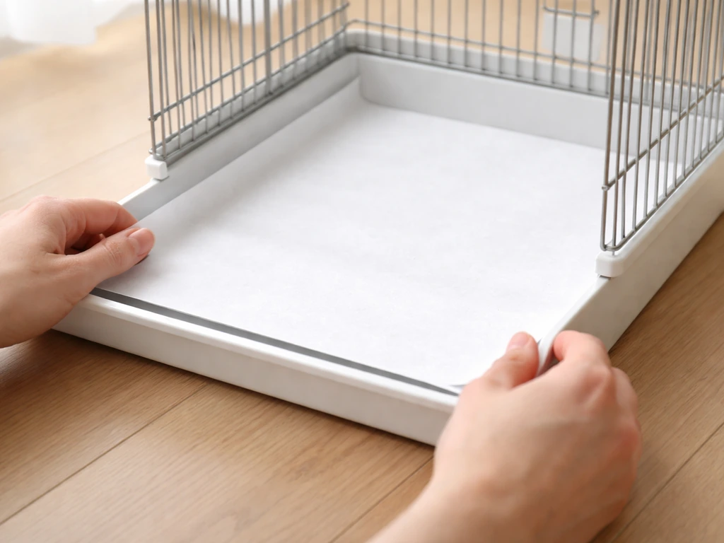 Hands lining a bird cage bottom tray with clean cut paper liner sheets for full coverage.