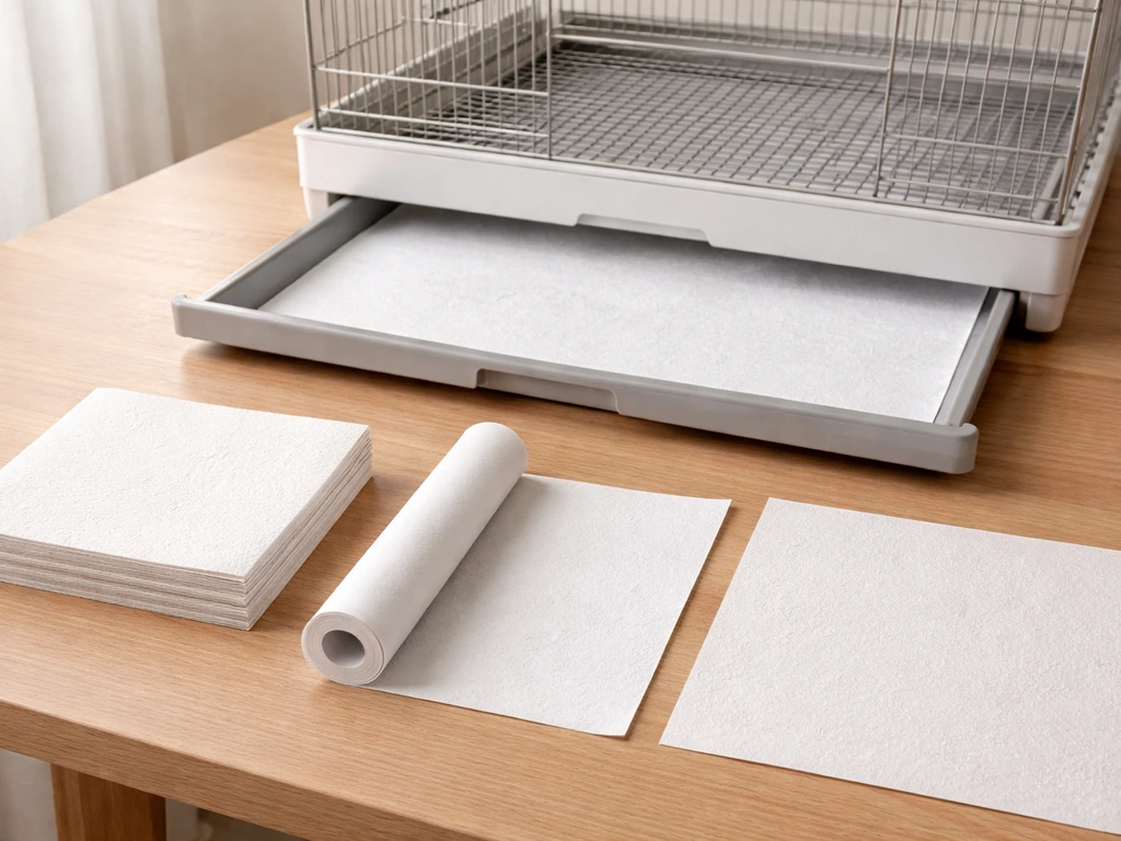 Close-up of different bird cage liner materials laid beside a slide-out tray, neatly arranged for comparison.