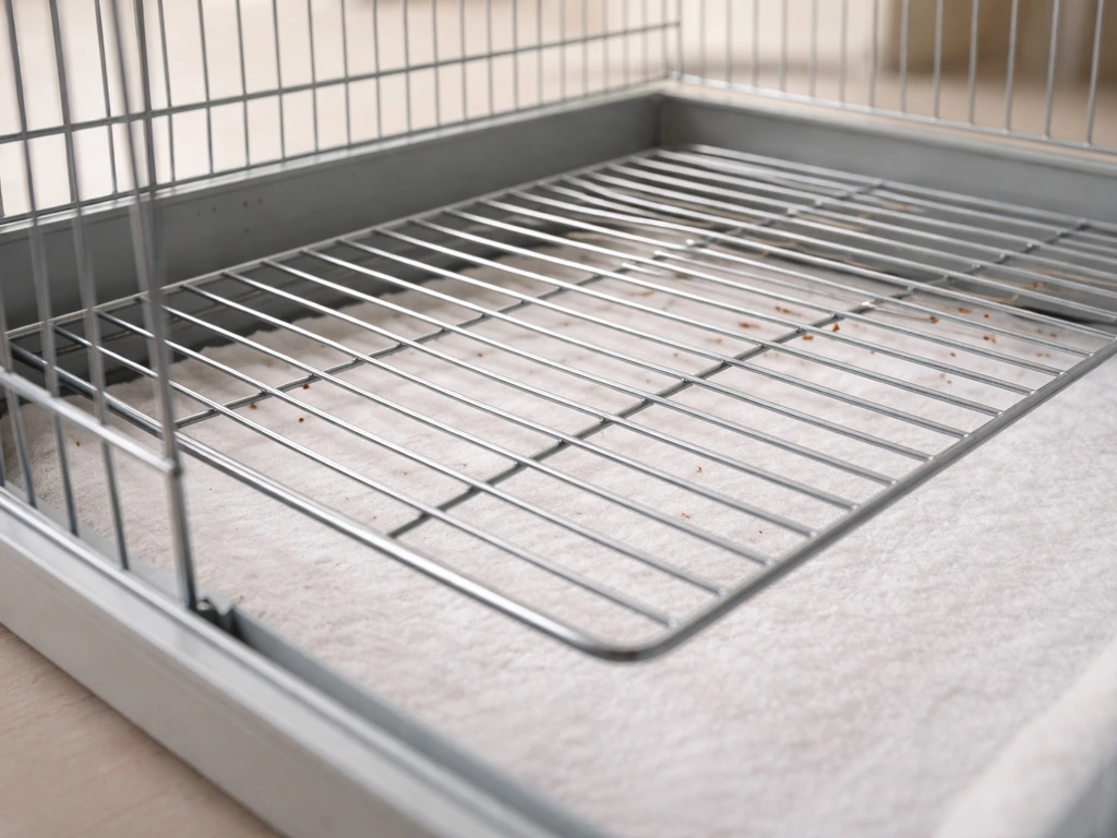 Close-up of a small pet bird cage tray with a wire grate and a liner underneath, droppings falling through.