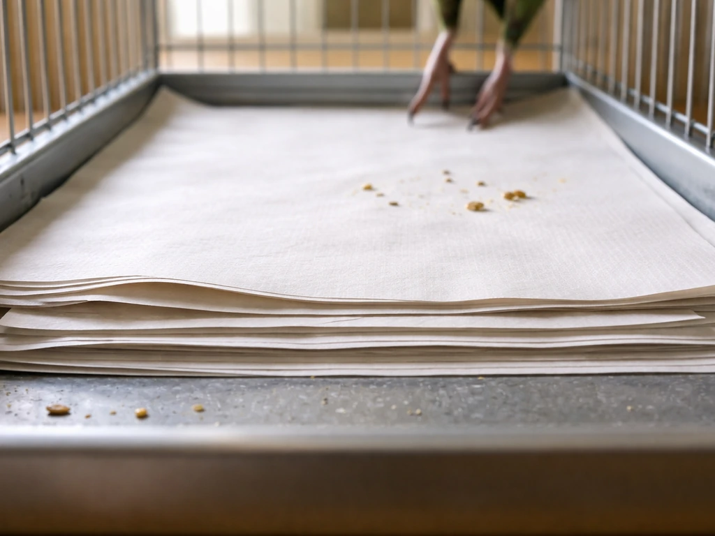 Close-up of a parrot cage tray lined with layered newspaper, showing easy peel-and-replace mess control.