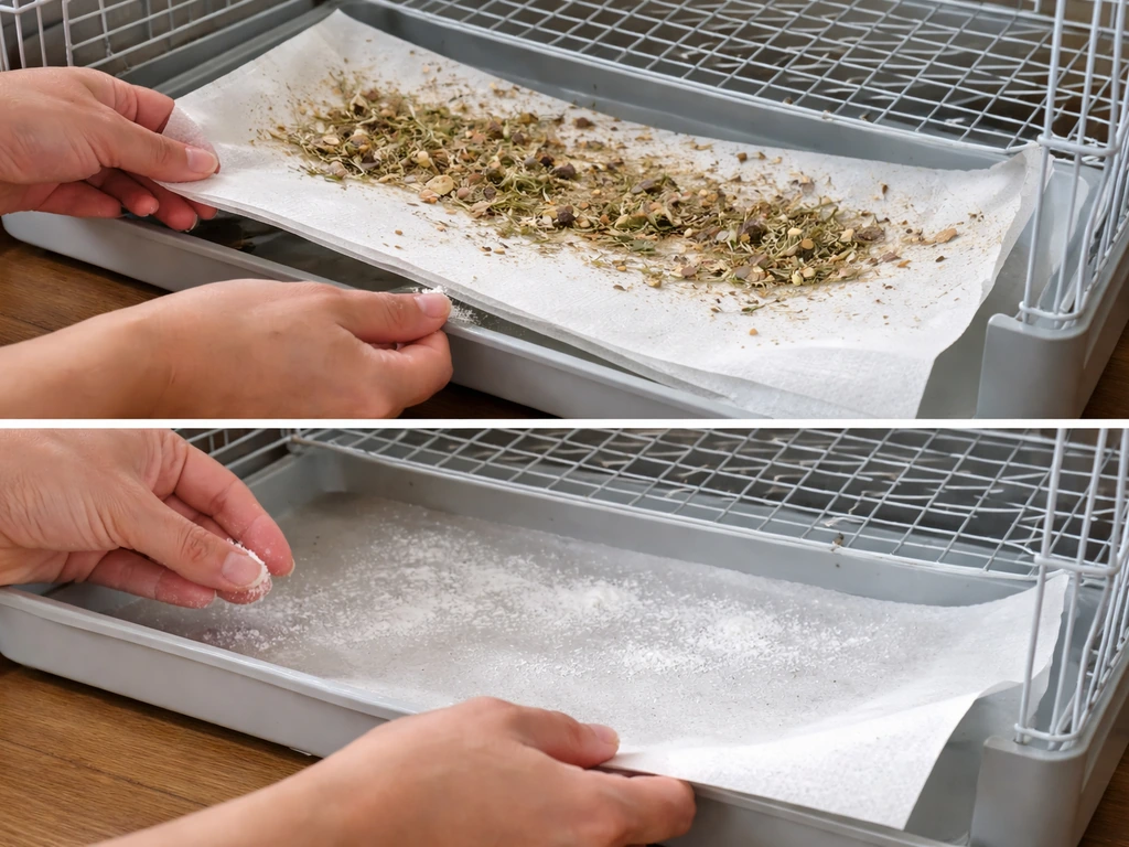 Close-up of hands replacing a pet cage liner and lightly sprinkling plain baking soda near the tray