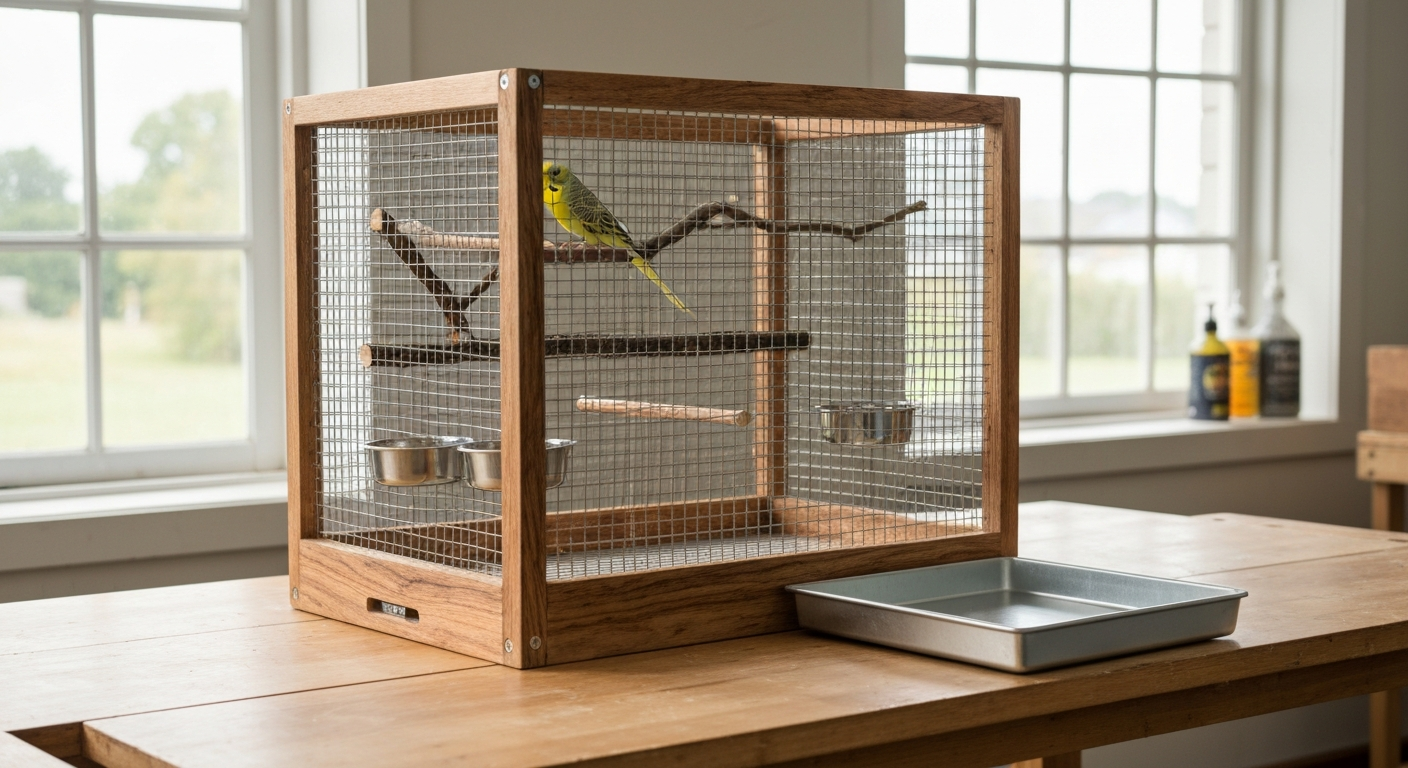 Finished small bird cage built from reclaimed hardwood and stainless welded mesh with branch perches and pull-out tray, shown on a workbench.