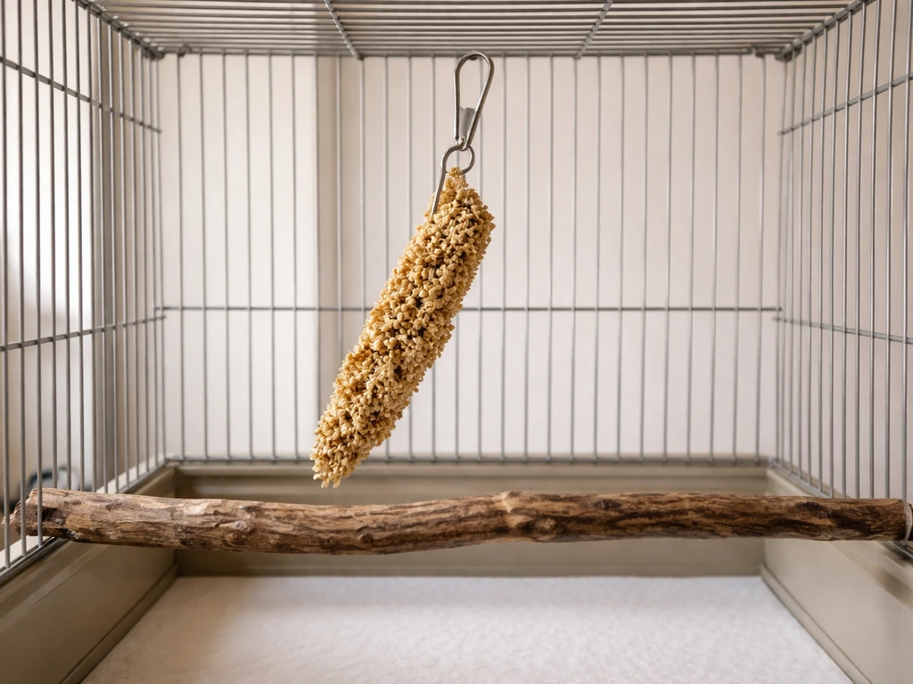 Bird cage interior with a millet spray securely clipped to an upper bar near a perch, no millet on the floor.