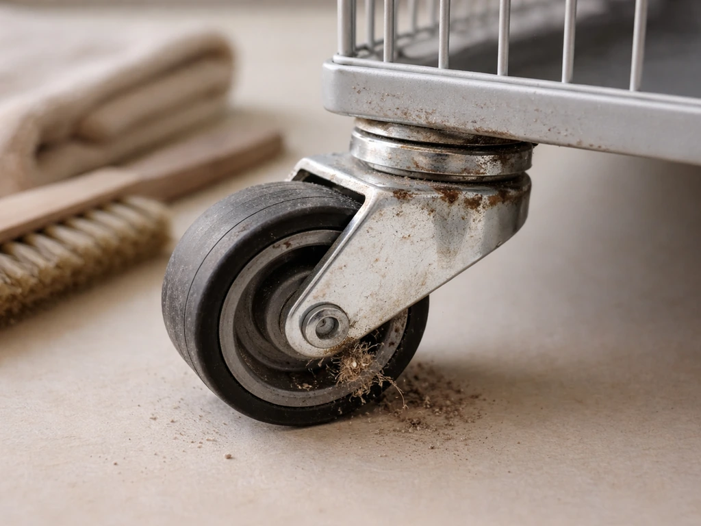 Close-up of a bird cage wheel and swivel joint with debris and misalignment on a small work surface