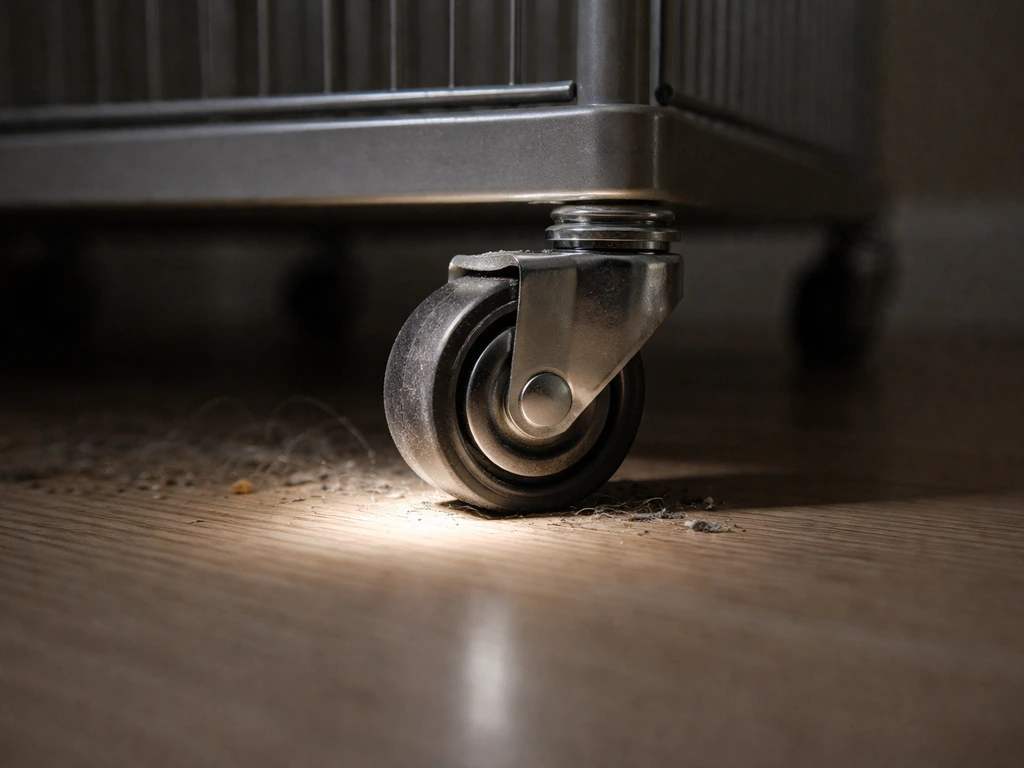 Close-up of a bird cage wheel/caster at floor level, inspected with a small flashlight.