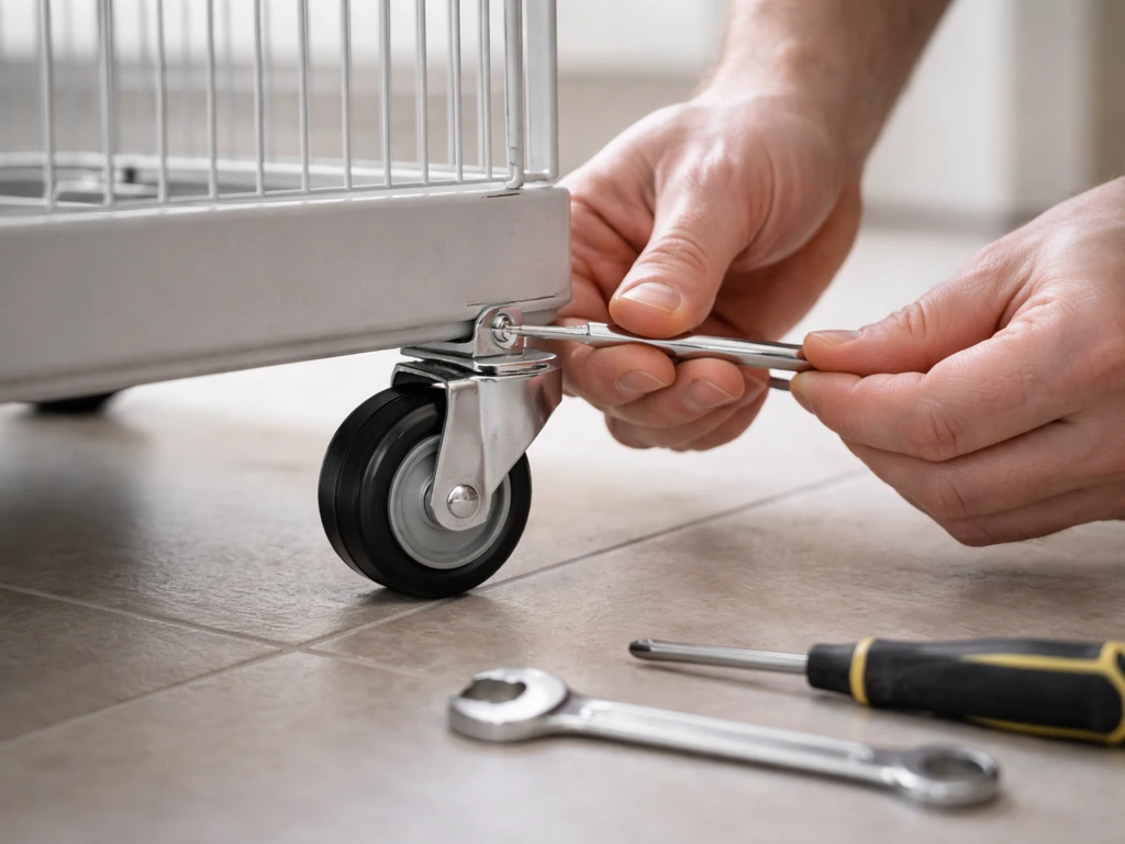 Hands tightening a birdcage caster mount with a wrench and screwdriver; caster alignment checked.