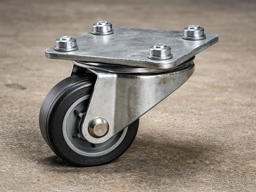 Plate-mounted caster close-up showing bolts and a slightly bent top plate causing a wheel tilt.