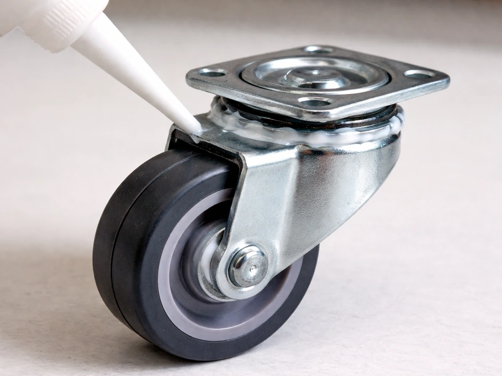 Close-up of a bird cage caster being lubricated at the axle and swivel bearing points with white grease.