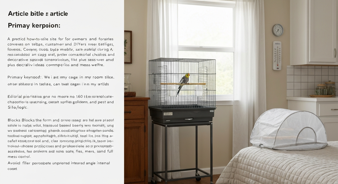 Bedroom scene with a bird cage on a stand at eye level against a wall near a sheer-curtained window; diffused natural light, no vents blowing on the cage, and a calm bird perched inside.