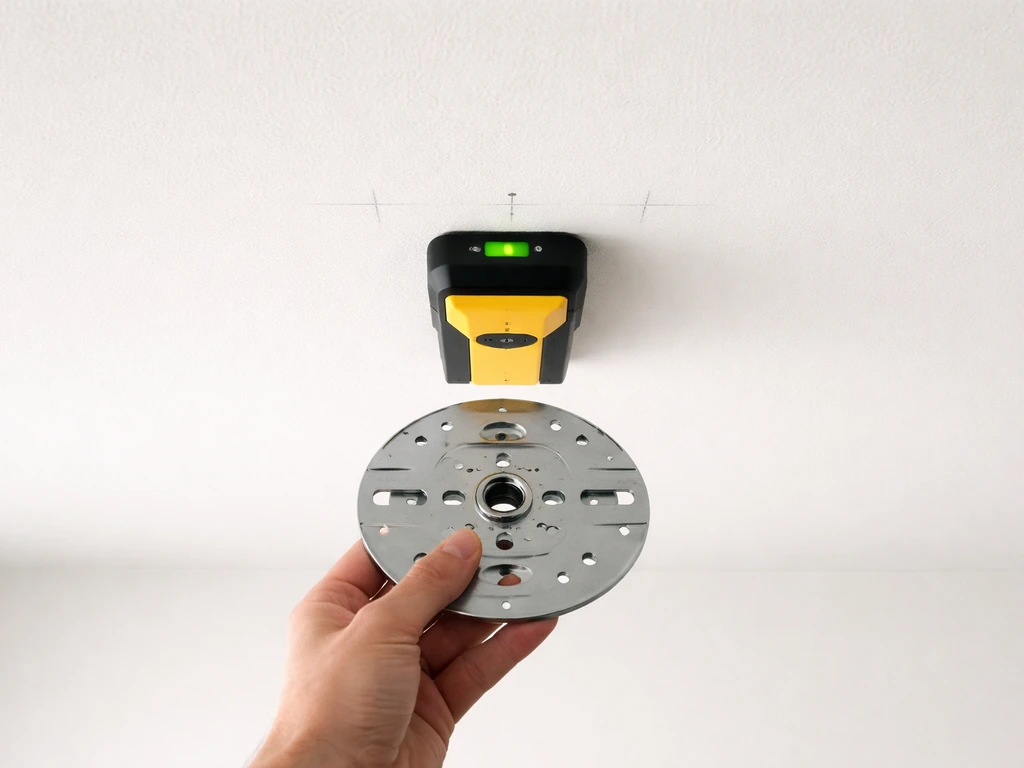 Stud finder tracing and marking ceiling joist edges and center above a mounting spot