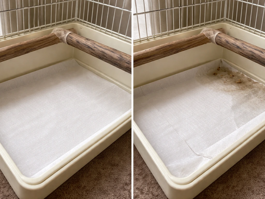 Close-up of a clean animal cage corner with a dry liner tray and no damp buildup.