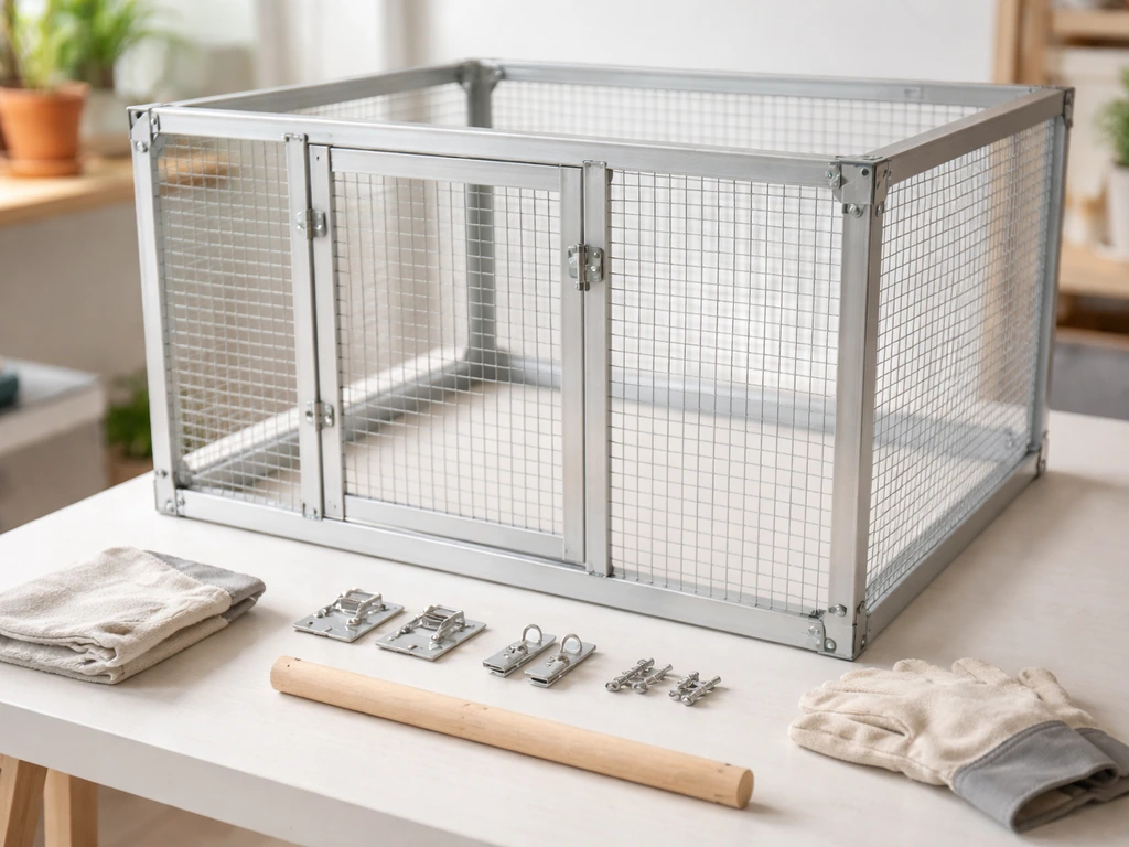DIY worktable with a partially built cockatiel cage frame and wire mesh panels in natural light.