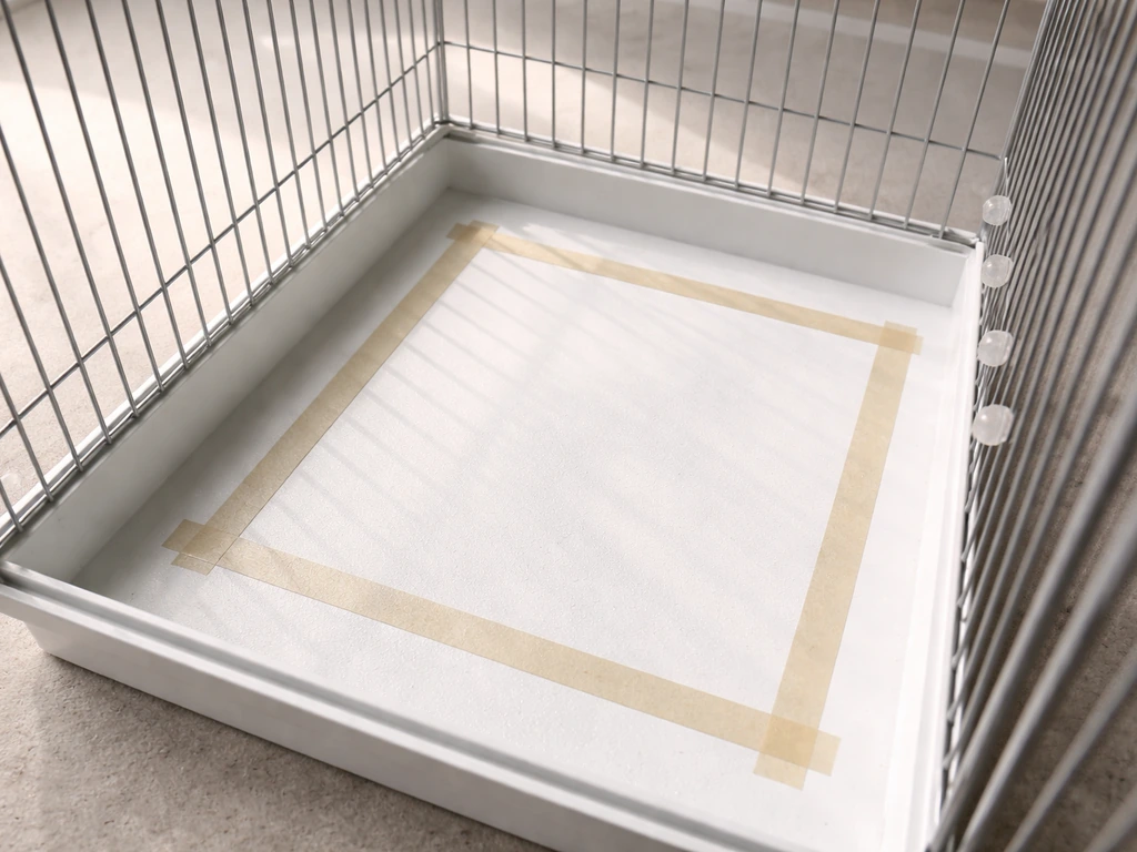 Minimal overhead view of a cockatiel cage with a marked 24x24 minimum floor and highlighted bar spacing.