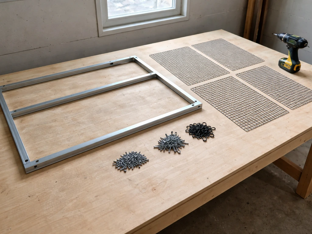 DIY workbench with welded wire mesh panels, metal frame parts, and screws ready for assembly.