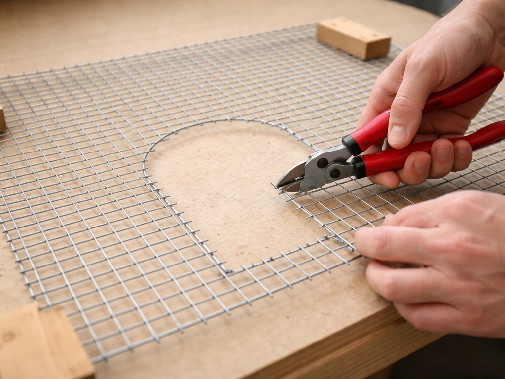 Close-up of wire cutters trimming a bird cage door opening in a front wire mesh panel