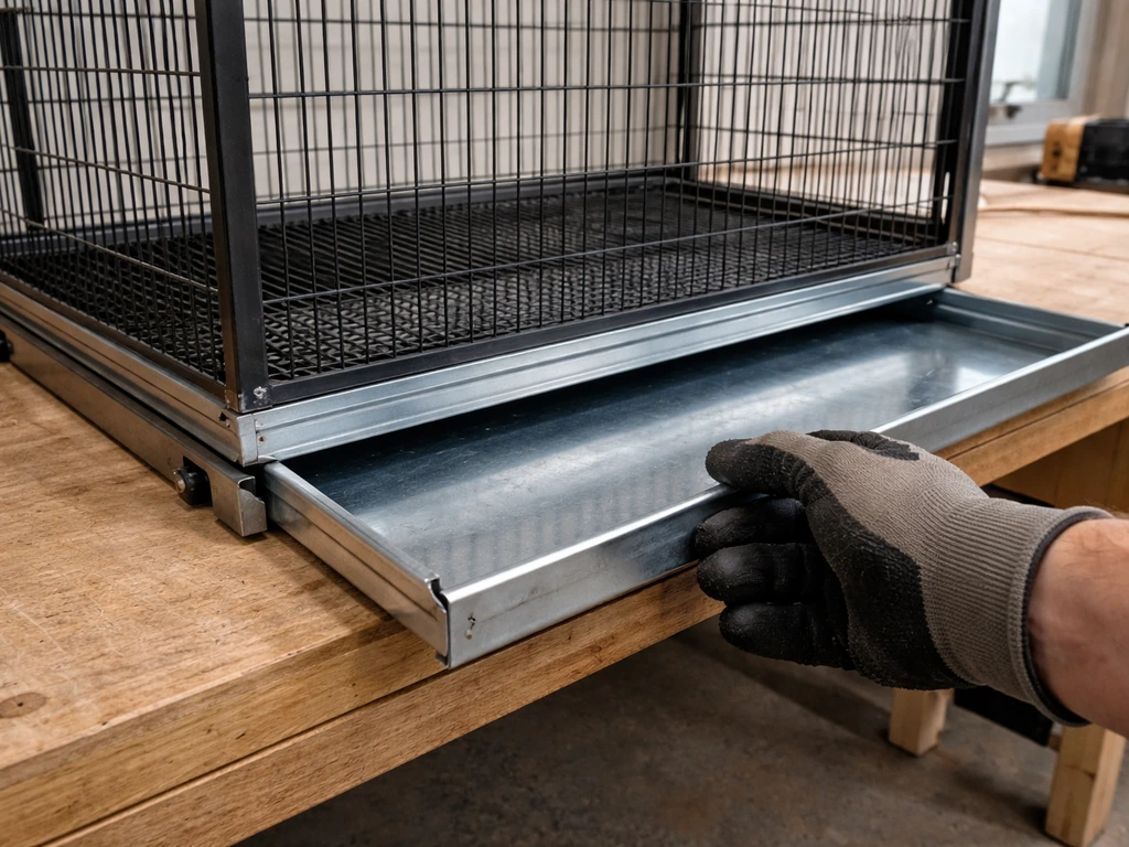 Gloved hand sliding a drop tray and aligning the grate on rails at the base of a wire cage.
