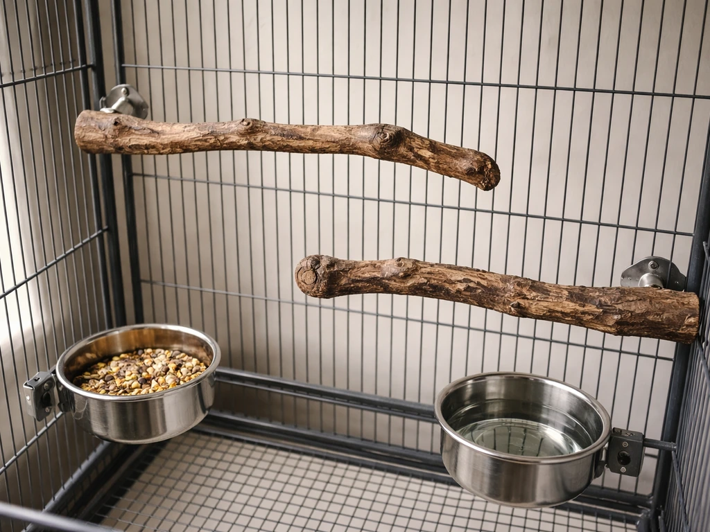 Minimal cockatiel cage interior showing natural wood perches and a feeding/water setup spaced away from droppings.