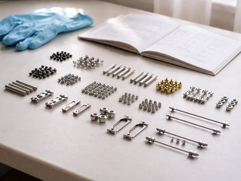 Hardware parts for a Zeny 61 cage laid out on a flat surface for inventory and verification.