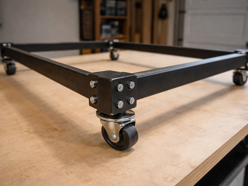 Four stand legs bolted into a base frame with casters visible on a clean workbench.