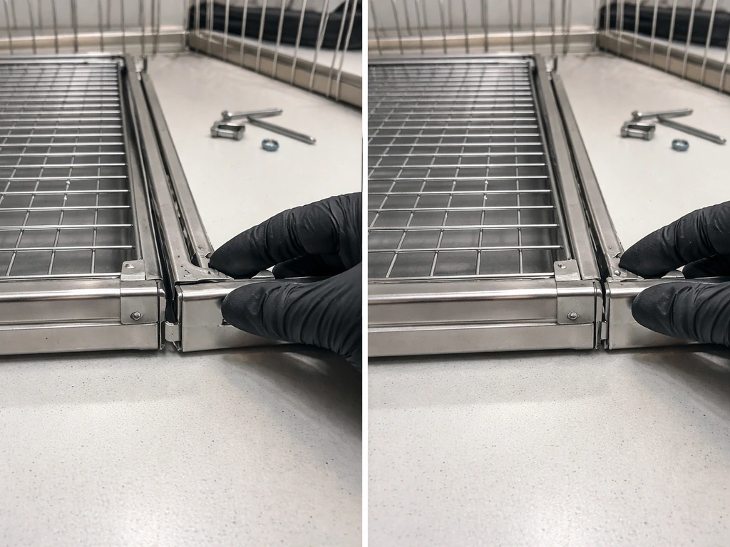 Bench photo of misaligned and correctly aligned cage door/tray pieces with a hand adjusting the fit.