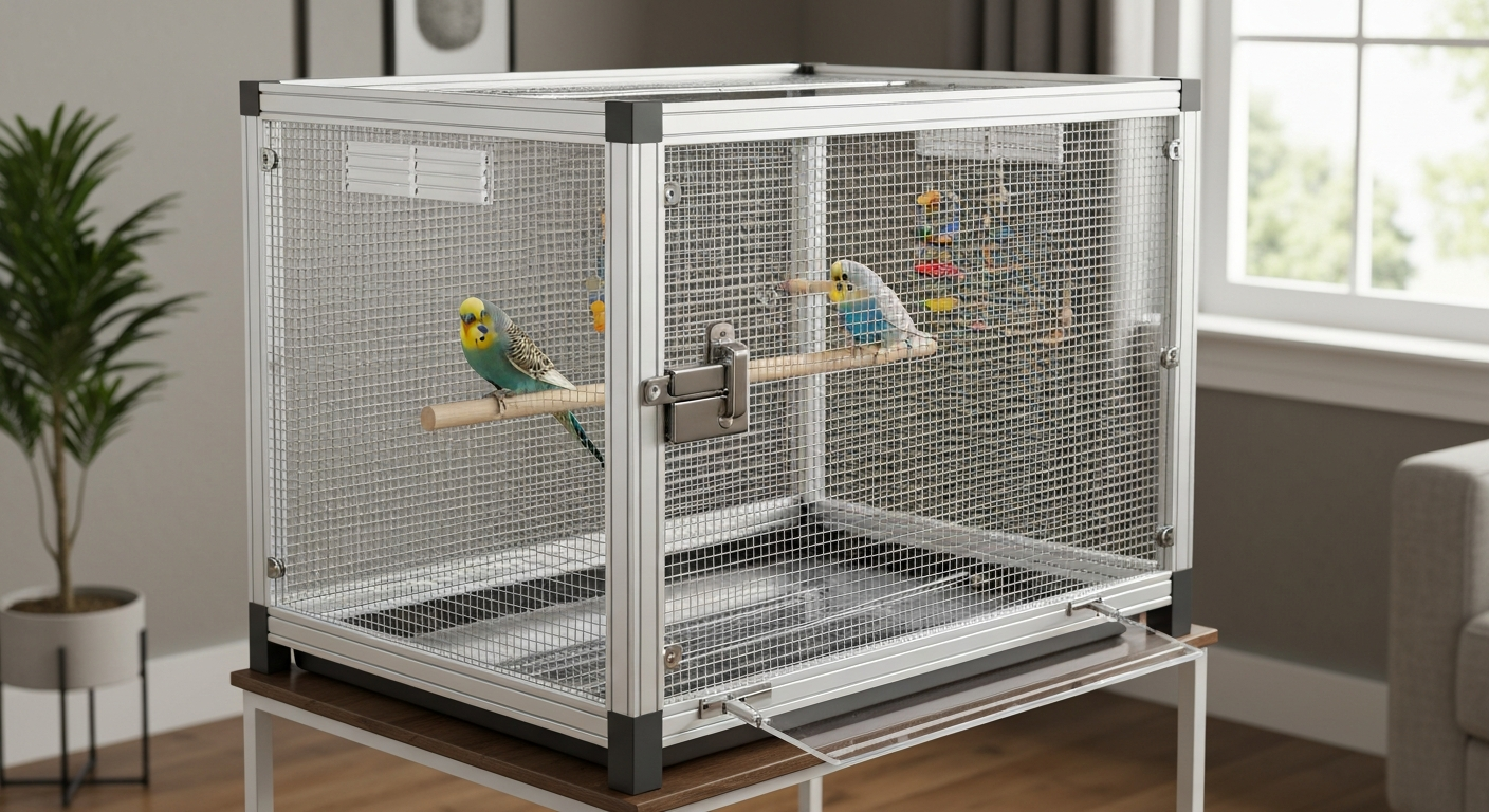 Finished medium acrylic bird cage with anodized aluminum frame and stainless steel mesh front; two budgerigs perched inside. Shows clear acrylic panels, top slot vents and removable tray.