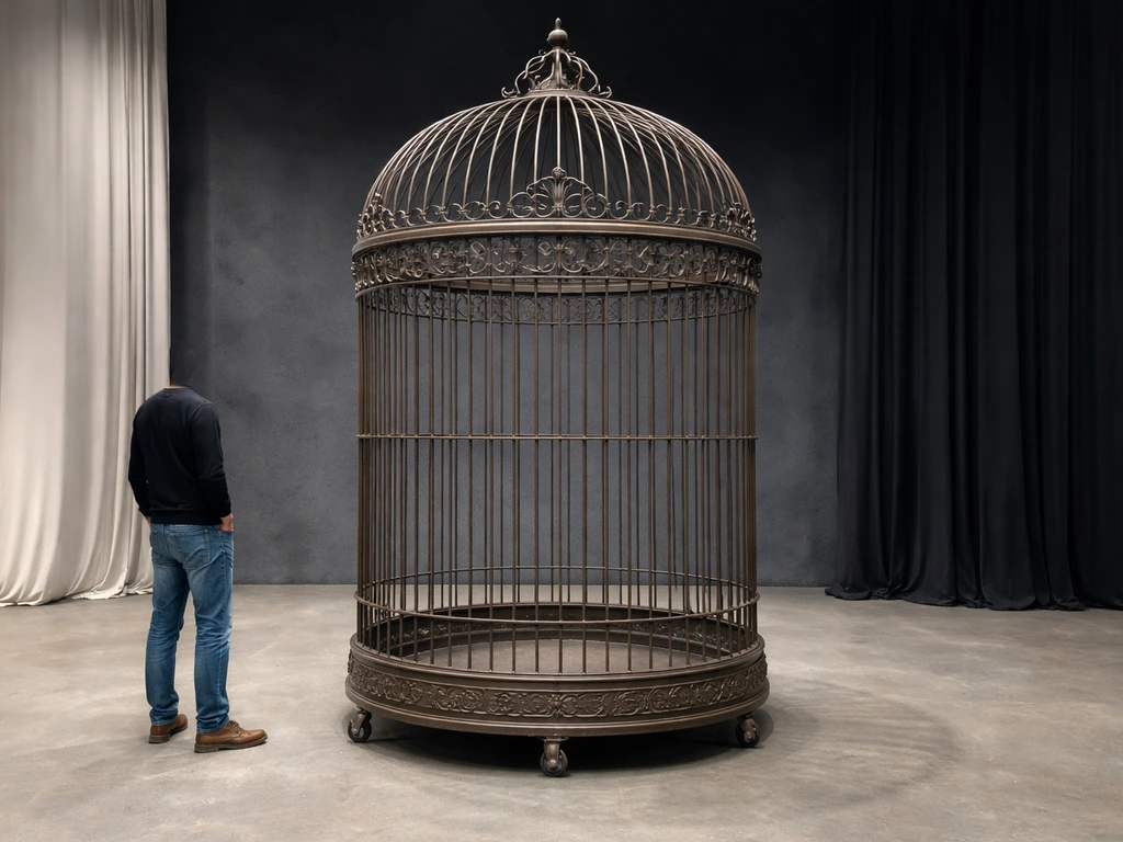 Full-scale ornate industrial giant bird cage prop standing on a film set with a person-sized reference nearby.