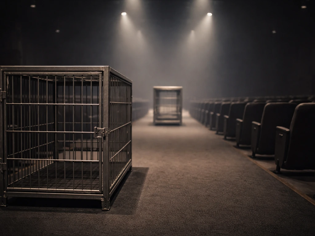 Cinematic forced-perspective scene showing a metal cage prop sized to feel giant at different distances