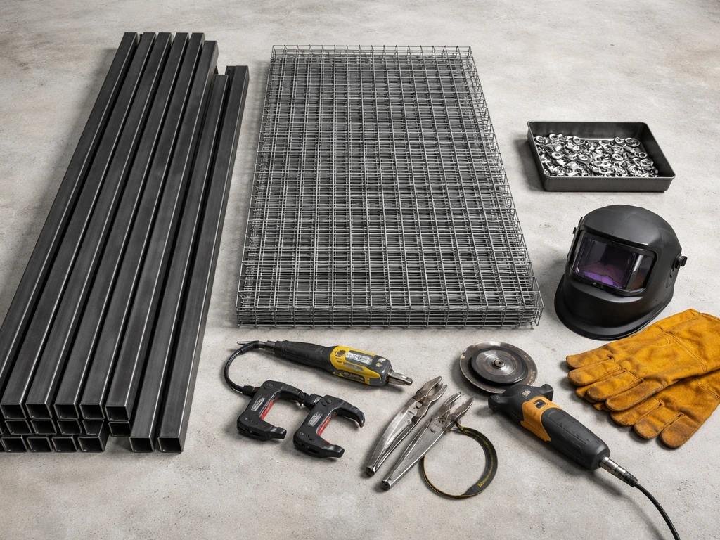 Flat lay of steel tube, metal mesh panels, welding gear, and tools arranged neatly for a cage build.