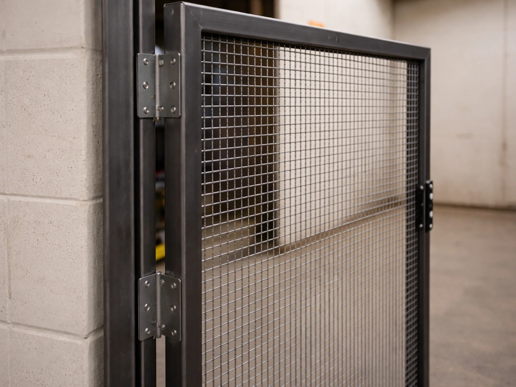 Workshop door with wire-mesh skin, hinge and latch alignment, and even small clearance gaps around edges.