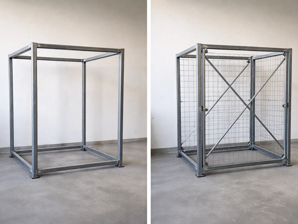 Side-by-side metal cage frames: left wobbly without X-bracing, right stable with diagonal bracing and aligned door.