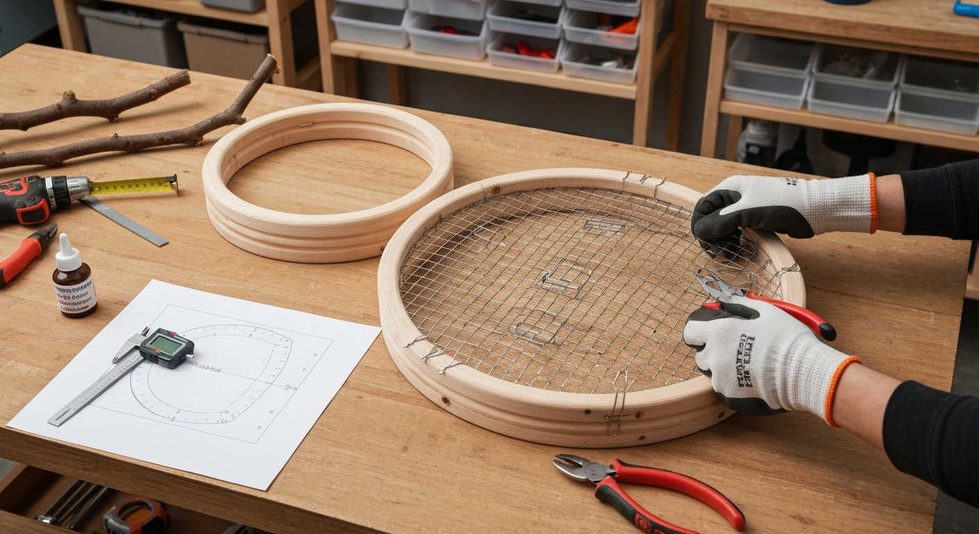 Workshop scene showing a partially assembled round bird cage with hardwood rings, stainless steel mesh, tools (calipers, jigsaw, wire cutters), and a bottle of water-based sealer; gloved hands hold the mesh to the ring.