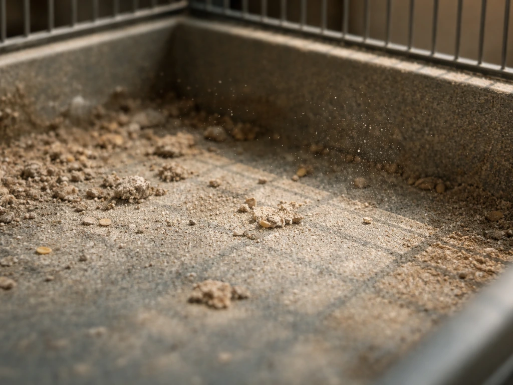 Close-up of a bird cage tray with dried droppings and dust particles near the textured surface.