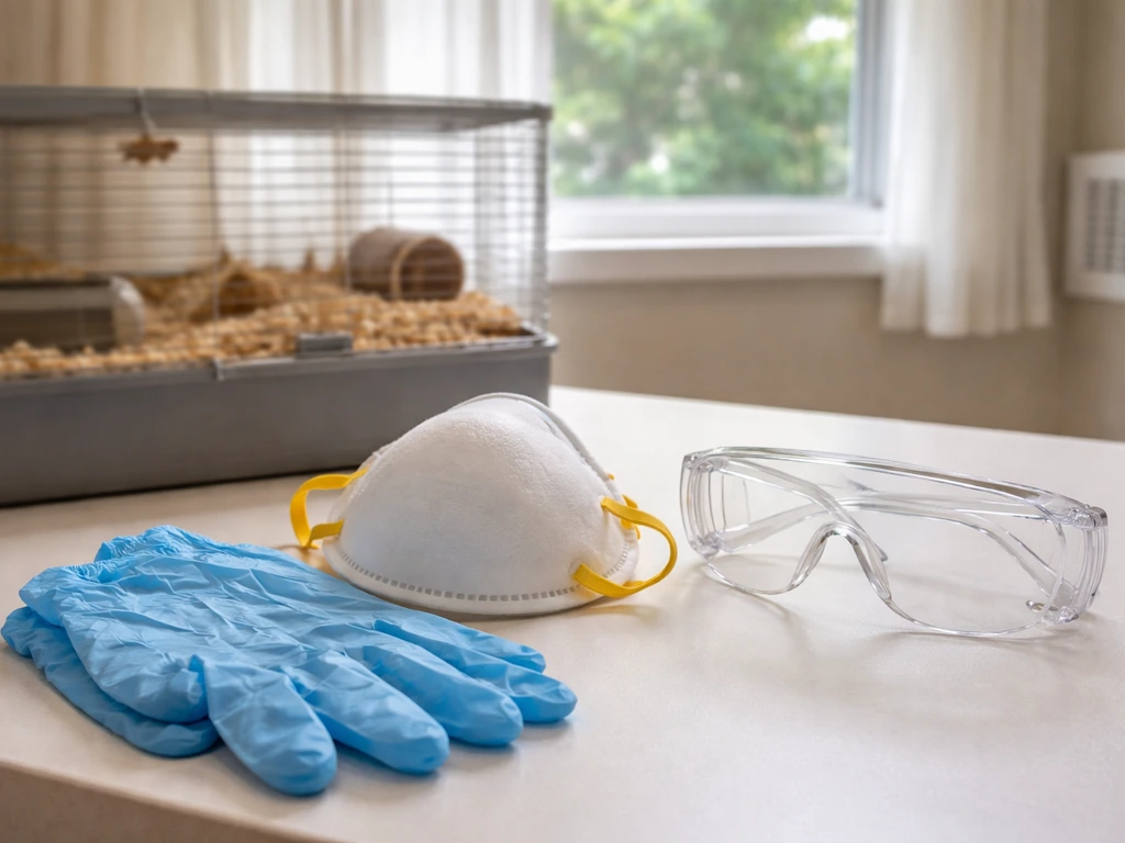 Nitrile gloves, an N95 mask, and safety goggles laid out beside a cage with an open window behind.