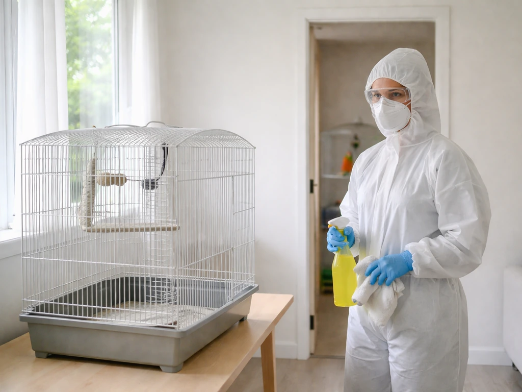 Person in full PPE deep-cleaning an open birdcage while the bird is secured in a closed room.