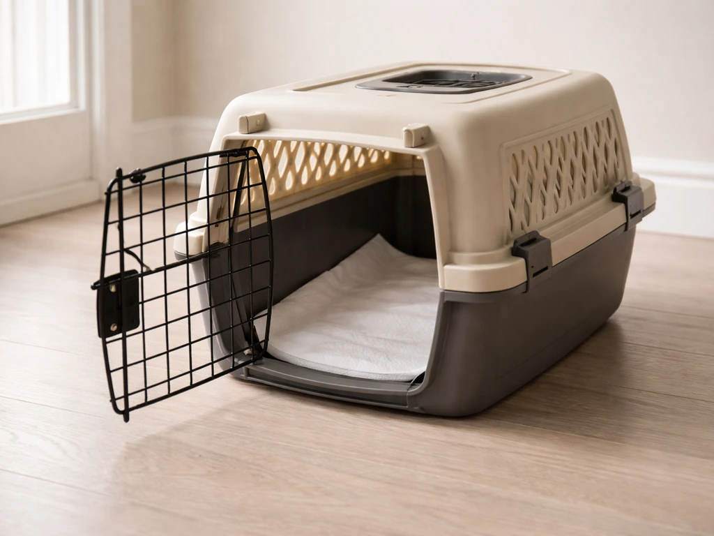 Open lined travel carrier set up for temporary bird housing with a secure door and paper towel liner