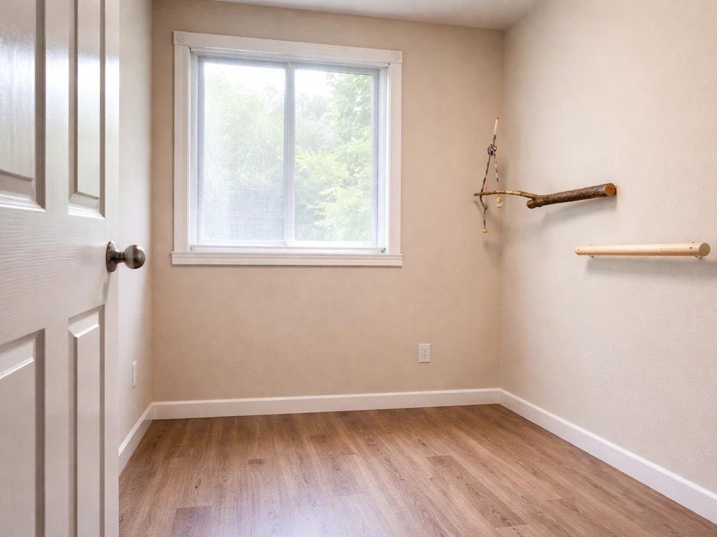 Minimal bird-proofed room with covered windows and safe perches placed away from the cleaning area.