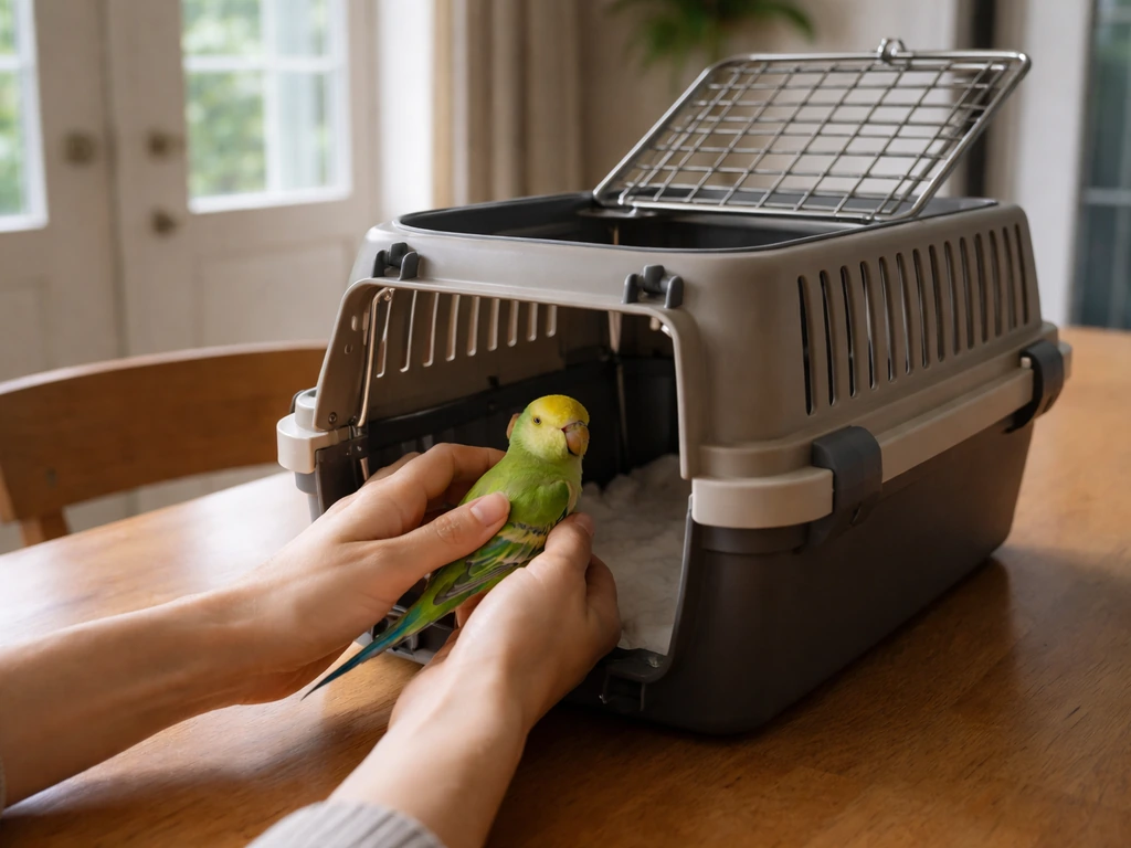 Calm bird being gently guided into a carrier indoors with windows and doors closed.