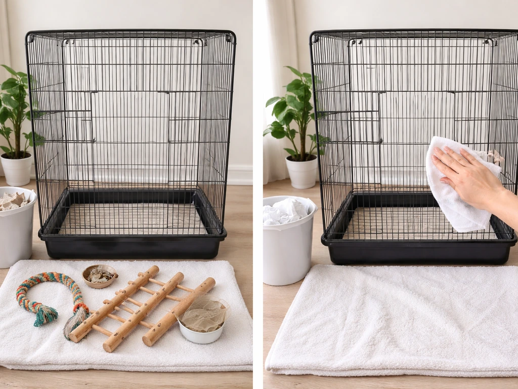 Minimal split view of a bird cage before/after prep: accessories removed, liner discarded, cage wiped clean.