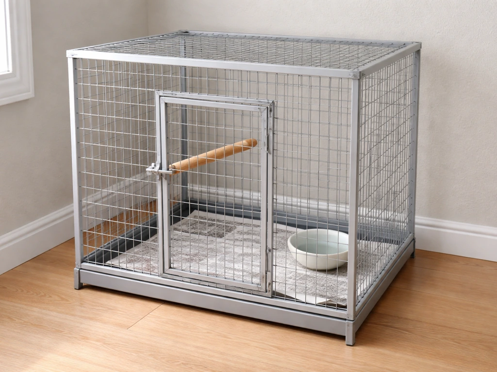 Finished temporary bird cage indoors with secure latch and visible ventilation bars