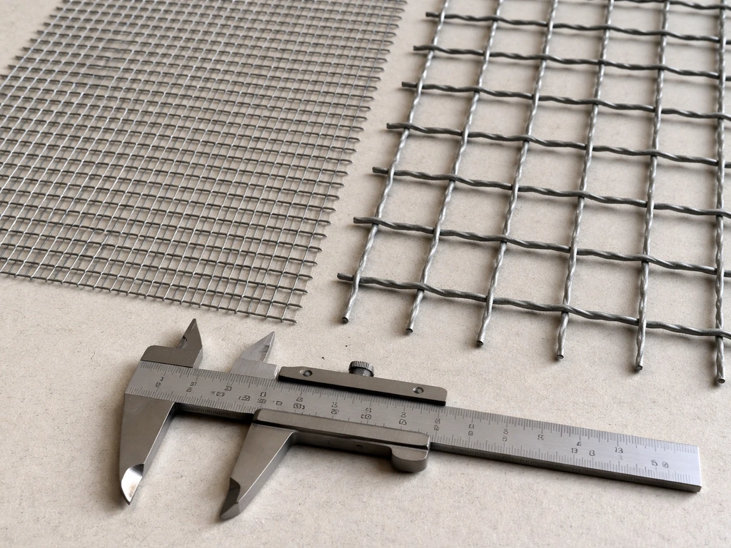 Close-up comparison of safe hardware cloth vs wider galvanized wire spacing with a caliper reference.