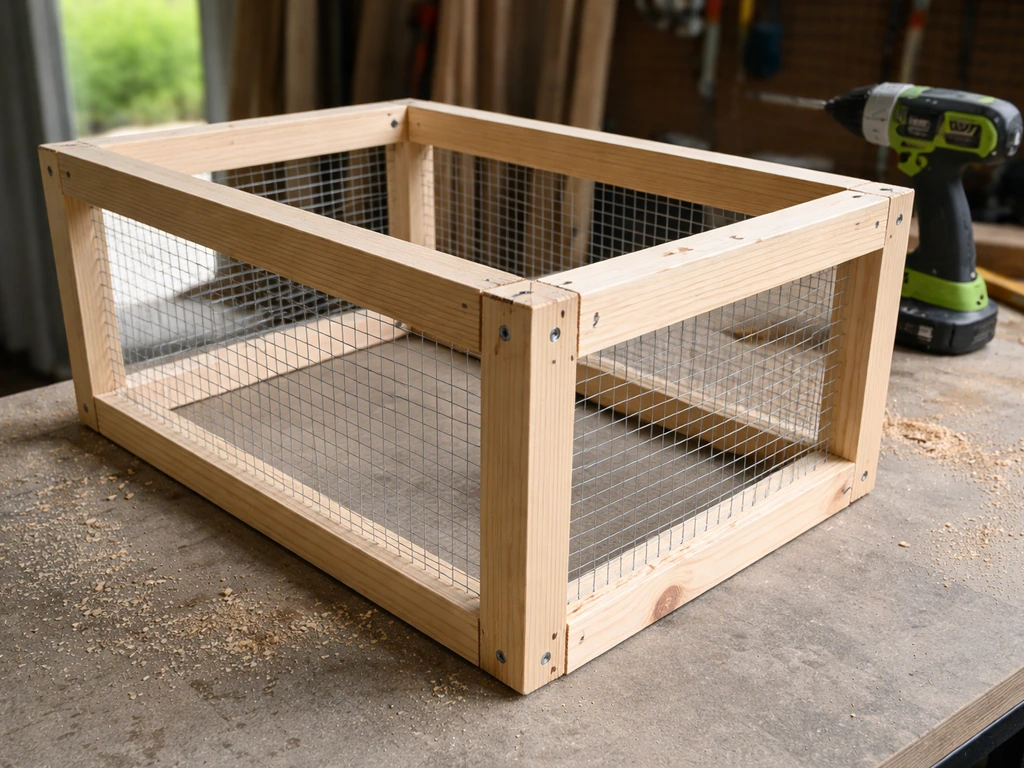 Unfinished wood-frame hardware cloth cage on a workbench, corners screwed, cloth attached on one side.