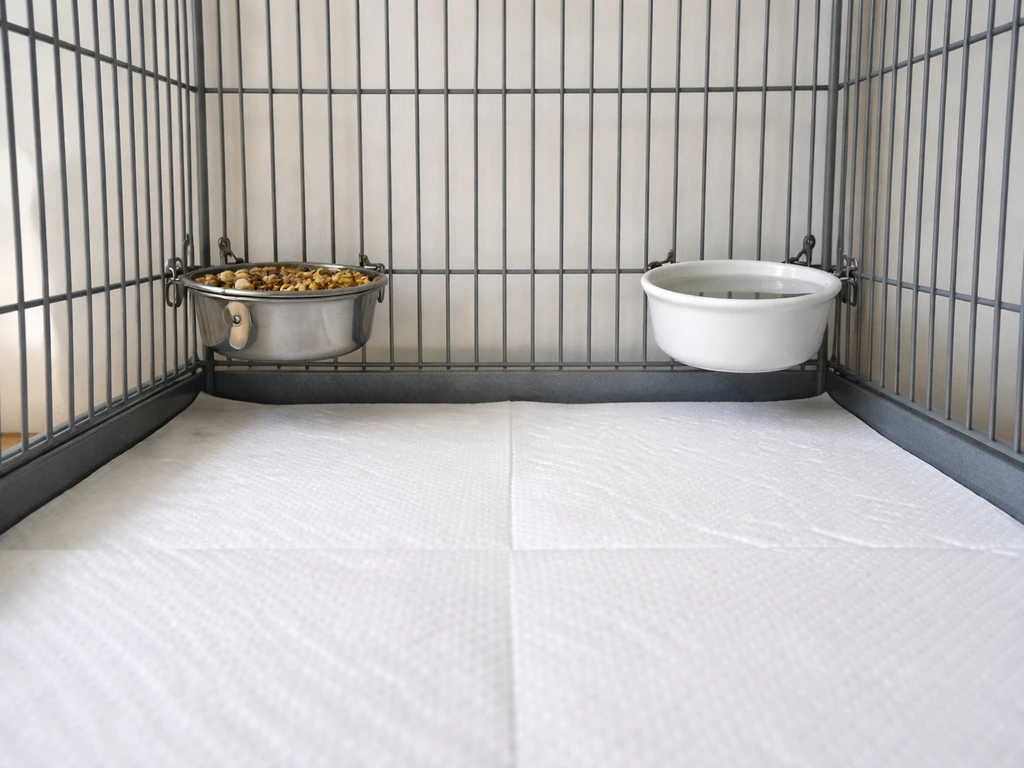 Pet bird cage interior with paper towel liner on the floor and small dishes clipped mid-height