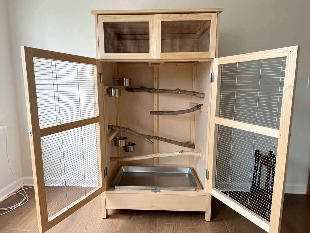 An armoire converted into a ventilated bird cage with wire mesh panels and a pull-out tray