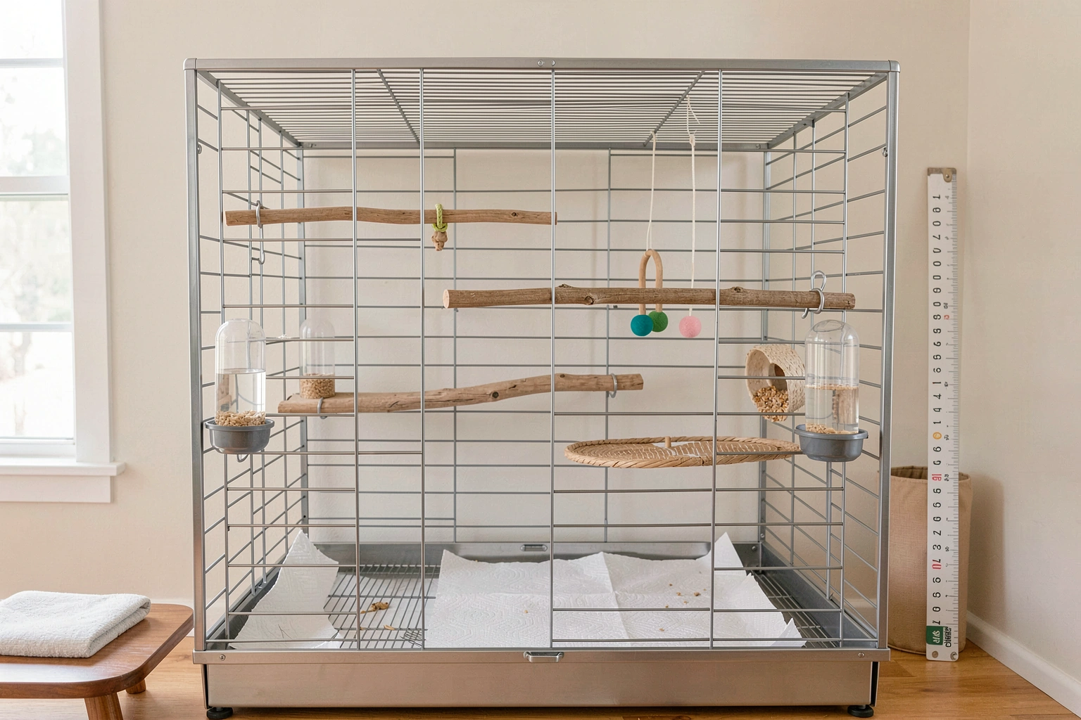 Beginner bird cage setup showing safe placement and a complete inside layout with perches, dishes, and toys