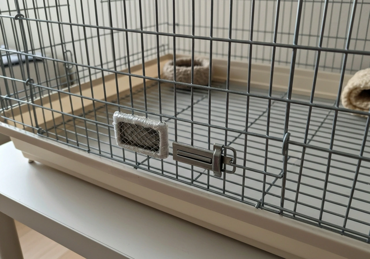 Rat-safe wire cage with reinforced chew-proof bar area and secure access door in a simple indoor setting.
