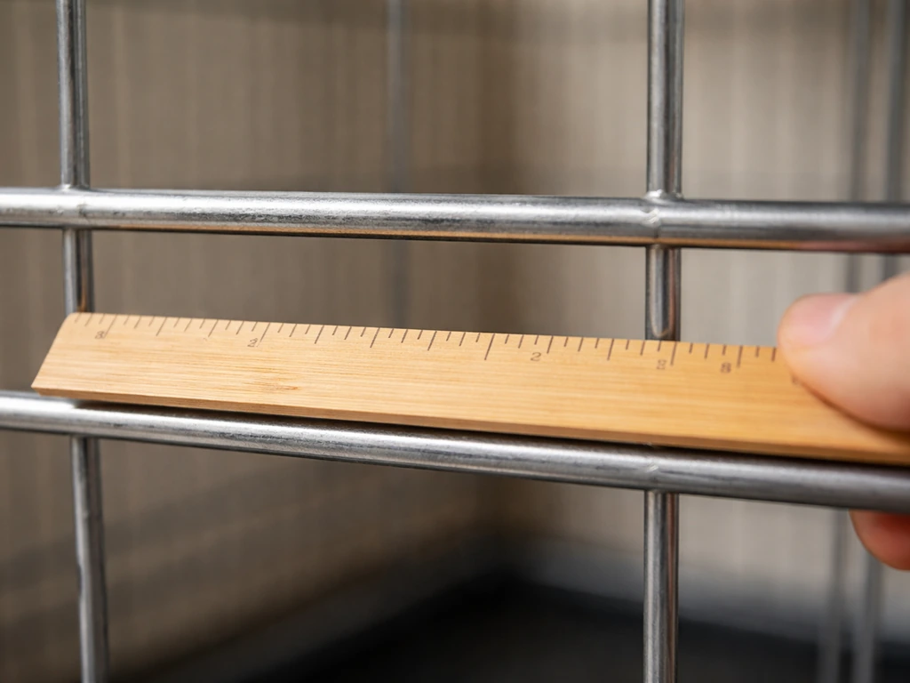 Close-up of a ruler measuring the gap between horizontal cage bars for safety.
